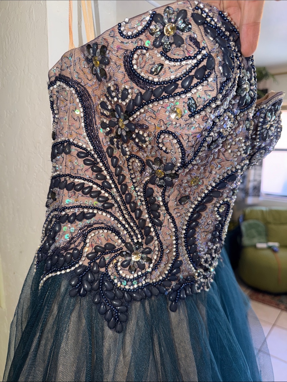 Teal Beaded Strapless Tulle Prom Gown Formal Dress Fairycore - Picture 13 of 13